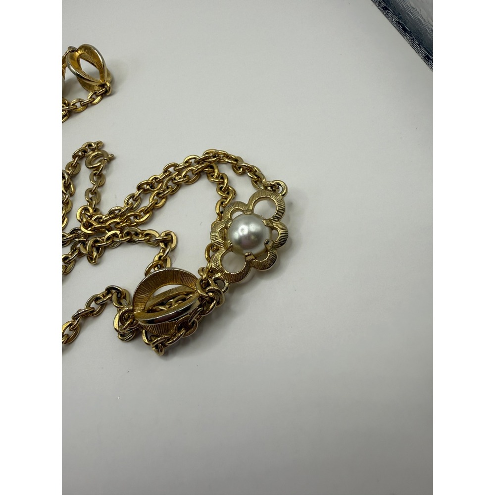 Vintage Gold Faux Pearl Floral Station Long Double Strand Chain Necklace Retro - Picture 4 of 9